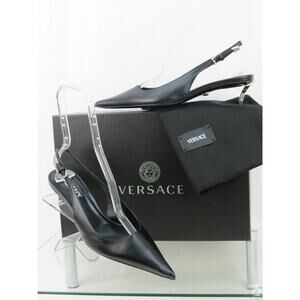 NIB VERSACE BLACK LEATHER SILVER MEDUSA LOGO SANDALS KITTEN HEEL PUMPS 41 US 11